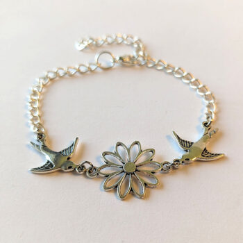 Antique Silver Hollow Daisy Flower Swallow Birds Bracelet