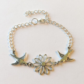 Antique Silver Hollow Daisy Flower Swallow Birds Bracelet - Image 3