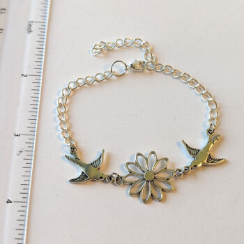 Antique Silver Hollow Daisy Flower Swallow Birds Bracelet - Image 2