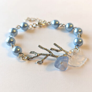 Antique Silver Branch Leaf Flower Blue Beads Bracelet