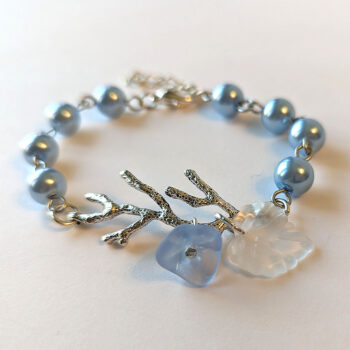 Antique Silver Branch Leaf Flower Blue Beads Bracelet - Image 4