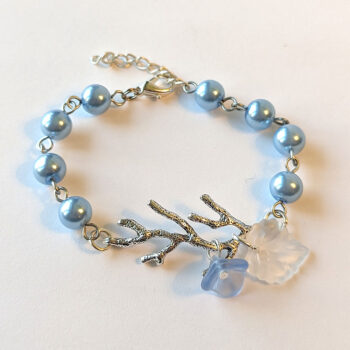 Antique Silver Branch Leaf Flower Blue Beads Bracelet - Image 3