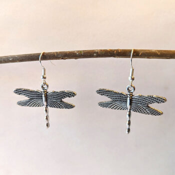 Antique Silver Flying Dragonfly Earrings - Image 2