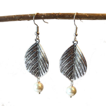 Antique Silver Leaf with White Pearl Earrings