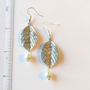 Antique Silver Leaf with White Pearl Earrings - Image 2