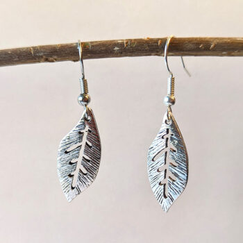 Hollow Veins Leaf Antique Silver Earrings - Image 2