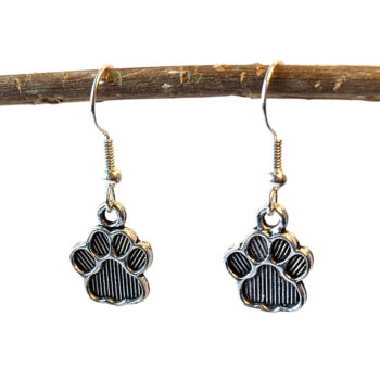 Dog Puppy Paw Prints Antique Silver Earrings