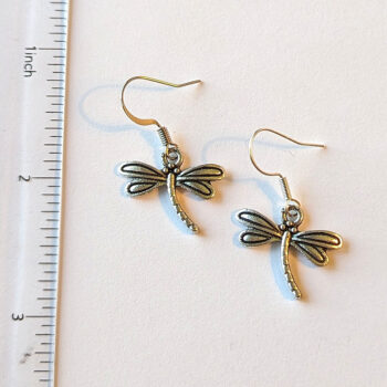 Small Dragonfly Curved Tail Antique Silver Earrings - Image 2