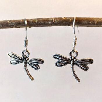 Small Dragonfly Curved Tail Antique Silver Earrings