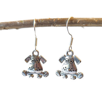 Cute Dog Puppy With Bone Antique Silver Earrings