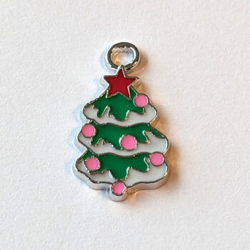 Christmas Tree With Pink Bulbs Enamel Charm Silver