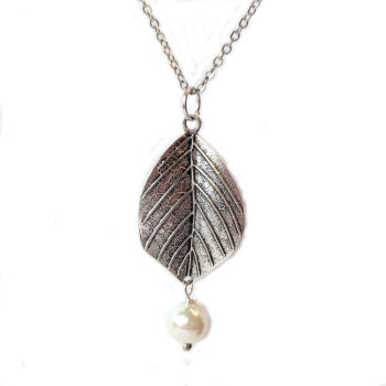 Antique Silver Leaf With Pearl Pendant Necklace