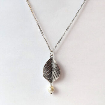 Antique Silver Leaf With Pearl Pendant Necklace - Image 4