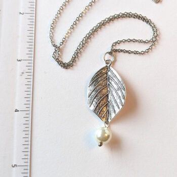 Antique Silver Leaf With Pearl Pendant Necklace - Image 3