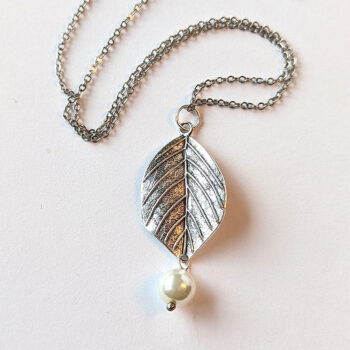 Antique Silver Leaf With Pearl Pendant Necklace - Image 2