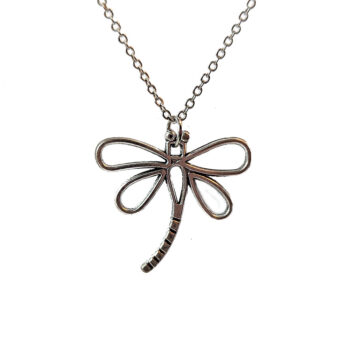 Hollow Antique Silver Dragonfly With Curved Tail Necklace