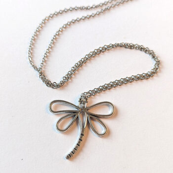 Hollow Antique Silver Dragonfly With Curved Tail Necklace - Image 2