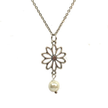 Antique Silver Hollow Daisy Flower With Pearl Necklace