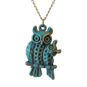 Antique Bronze Patina Owl Mom and Baby Necklace