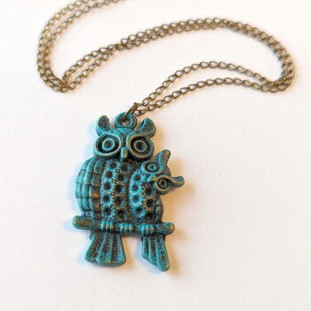 Antique Bronze Patina Owl Mom and Baby Necklace - Image 4