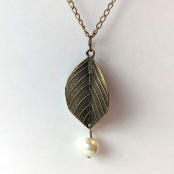 Antique Bronze Leaf With Pearl Pendant Necklace