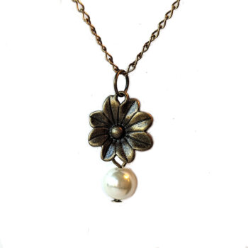 Antique Bronze Small Flower With Pearl Necklace