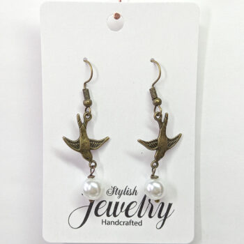 Flying Sparrow Bird Antique Bronze Pearl Earrings - Image 4