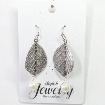 Antique Silver Leaf with White Pearl Earrings - Image 4