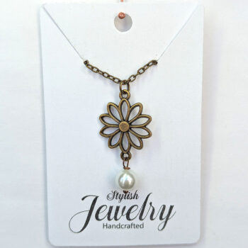 Antique Bronze Hollow Daisy Flower With Pearl Necklace - Image 5