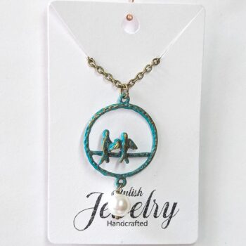 Antique Bronze Patina Love Birds Branch Hoop Pearl Necklace - Image 3