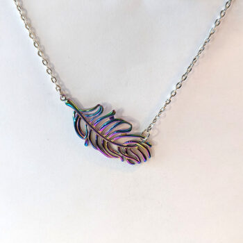 Large Rainbow Stainless Steel Connector Feather Leaf Necklace - Image 4