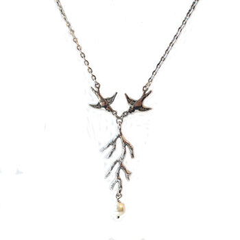 Antique Silver Swallow Birds Branch Pearl Necklace