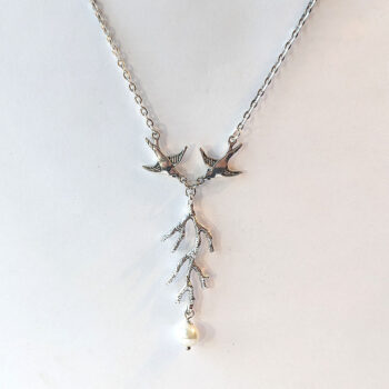 Antique Silver Swallow Birds Branch Pearl Necklace - Image 4