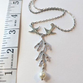 Antique Silver Swallow Birds Branch Pearl Necklace - Image 3