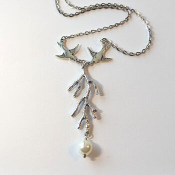 Antique Silver Swallow Birds Branch Pearl Necklace - Image 2