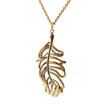 Large Gold Stainless Steel Feather Leaf Pendant Necklace