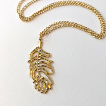 Large Gold Stainless Steel Feather Leaf Pendant Necklace - Image 2