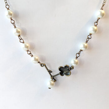 Antique Bronze Flower Branch White Pearl Beads Necklace