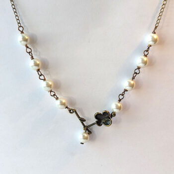 Antique Bronze Flower Branch White Pearl Beads Necklace - Image 4