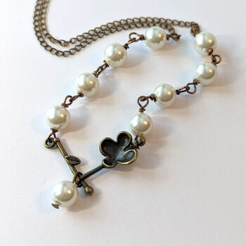 Antique Bronze Flower Branch White Pearl Beads Necklace - Image 2