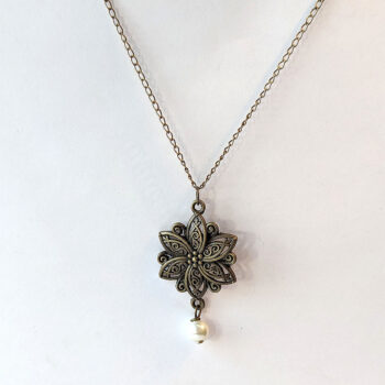 Flower Antique Bronze Pendant With Pearl Necklace - Image 5