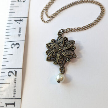 Flower Antique Bronze Pendant With Pearl Necklace - Image 4