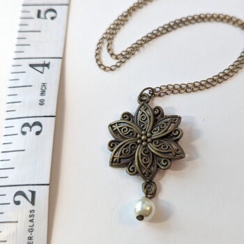 Flower Antique Bronze Pendant With Pearl Necklace - Image 3