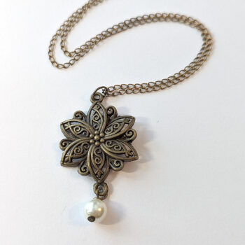 Flower Antique Bronze Pendant With Pearl Necklace - Image 2