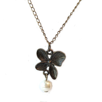 Antique Bronze Orchid Flower With Pearl Necklace