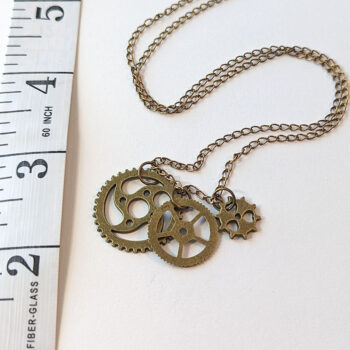 Antique Bronze Triple Random Steampunk Cogs Bits Necklace - Image 2