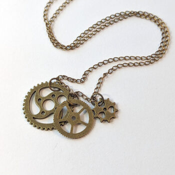 Antique Bronze Triple Random Steampunk Cogs Bits Necklace - Image 6