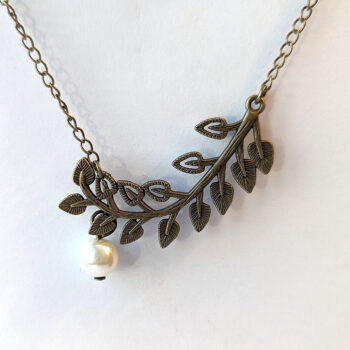 Antique Bronze Curved Branch Leaves With Pearl Necklace