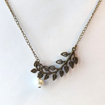 Antique Bronze Curved Branch Leaves With Pearl Necklace - Image 4