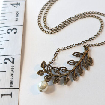 Antique Bronze Curved Branch Leaves With Pearl Necklace - Image 3